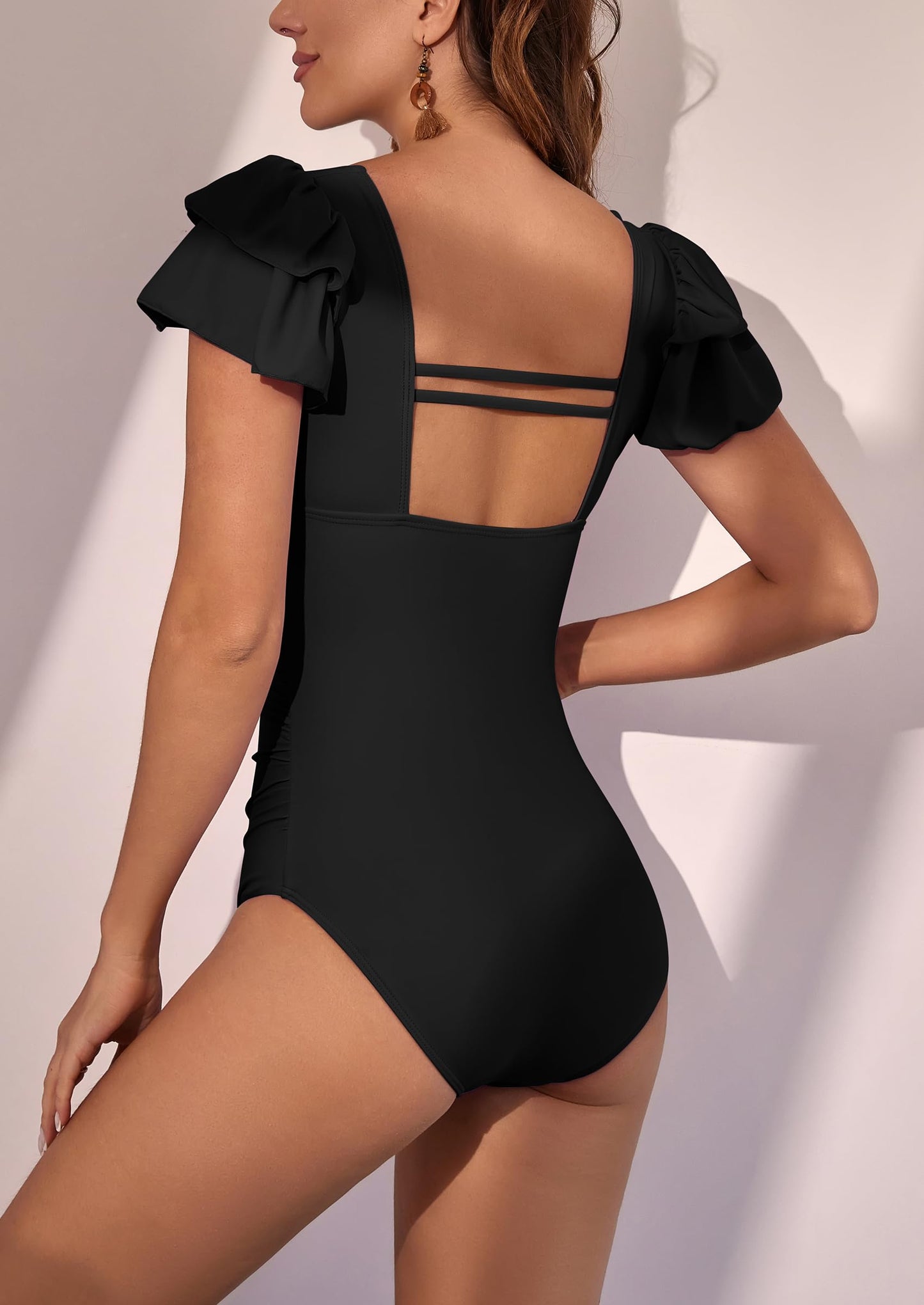 Ruffle Square Neck Tummy Control One Piece Swimsuit