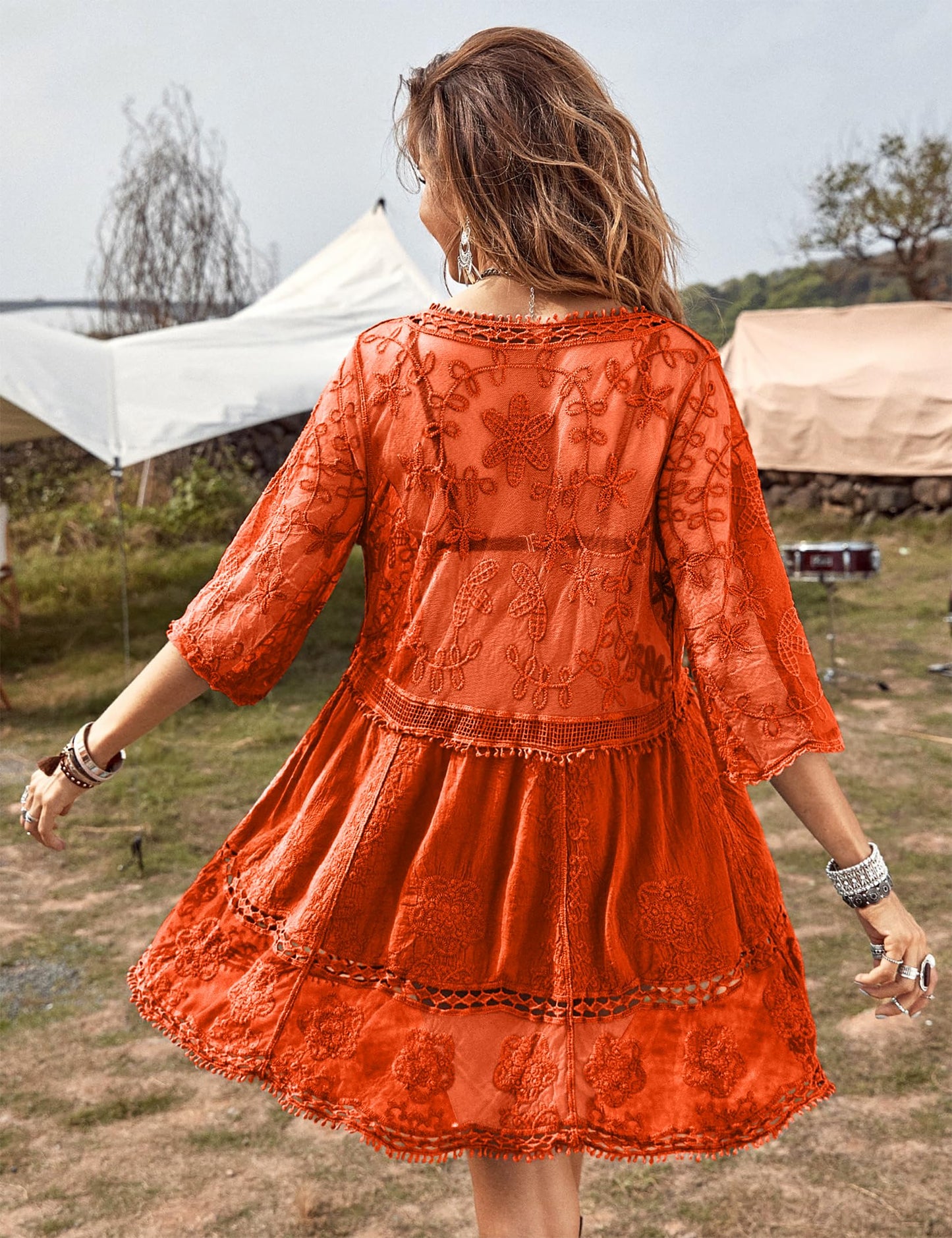 Eomenie Women's Contrast Lace Bathing Suit Cover Up V-Neck Swimsuit Coverups Loose Swimwear Beach Dress Beachwear