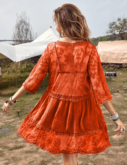 Eomenie Women's Contrast Lace Bathing Suit Cover Up V-Neck Swimsuit Coverups Loose Swimwear Beach Dress Beachwear