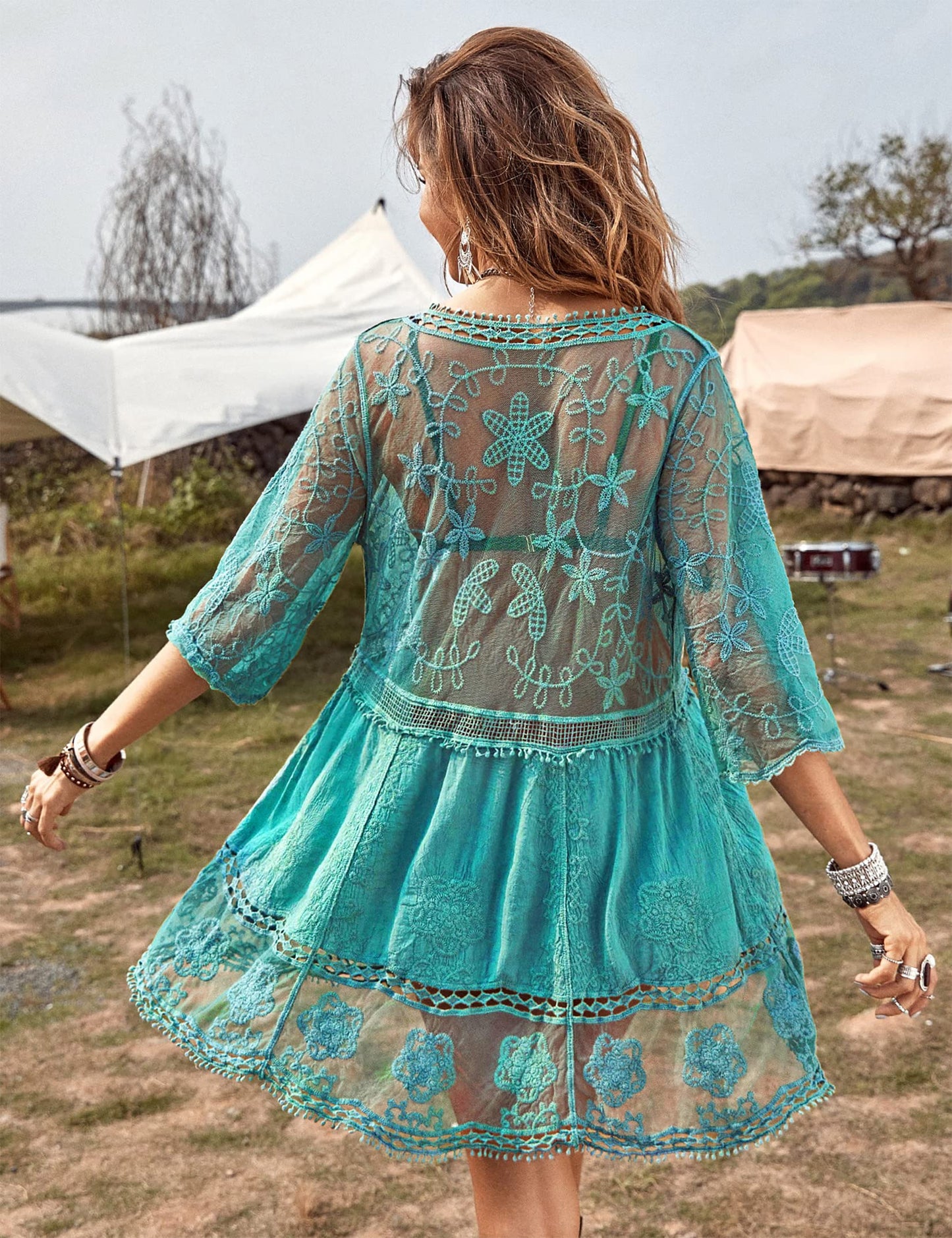 Eomenie Women's Contrast Lace Bathing Suit Cover Up V-Neck Swimsuit Coverups Loose Swimwear Beach Dress Beachwear