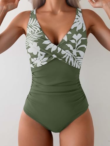 V Neck Ruched Wrap Tummy Control One Piece Swimsuit