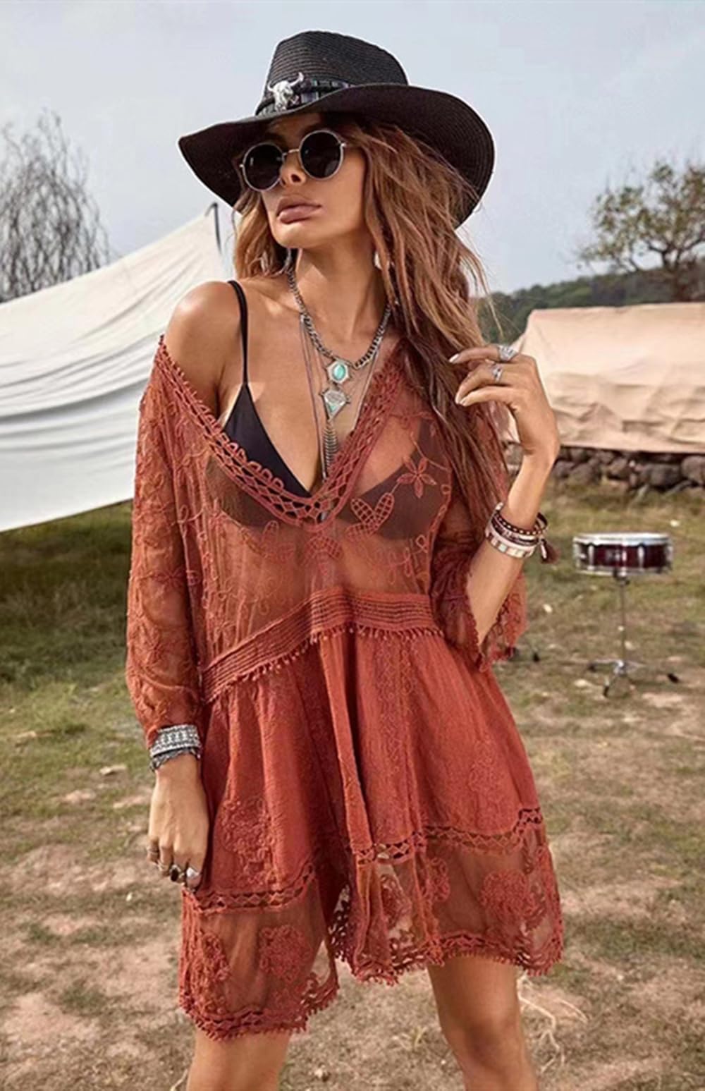 Eomenie Women's Contrast Lace Bathing Suit Cover Up V-Neck Swimsuit Coverups Loose Swimwear Beach Dress Beachwear