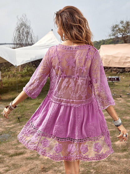 Eomenie Women's Contrast Lace Bathing Suit Cover Up V-Neck Swimsuit Coverups Loose Swimwear Beach Dress Beachwear