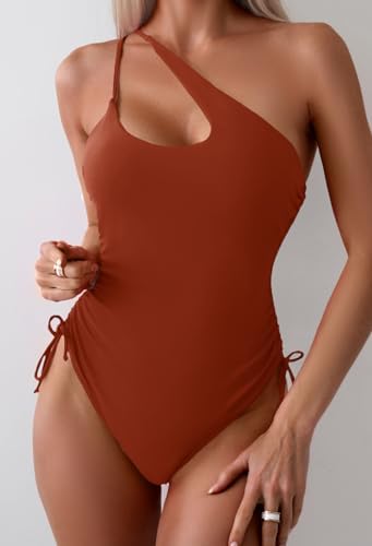 One Shoulder High Cut Tie Side Drawstring Swimsuits