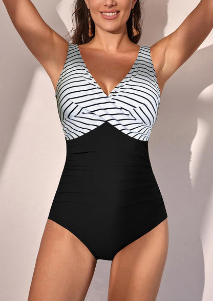 V Neck Ruched Wrap Tummy Control One Piece Swimsuit