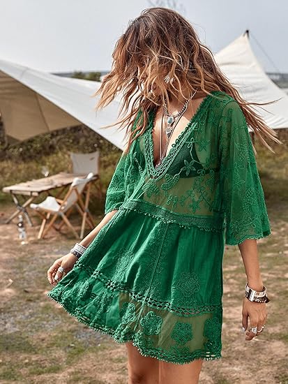 Eomenie Women's Contrast Lace Bathing Suit Cover Up V-Neck Swimsuit Coverups Loose Swimwear Beach Dress Beachwear