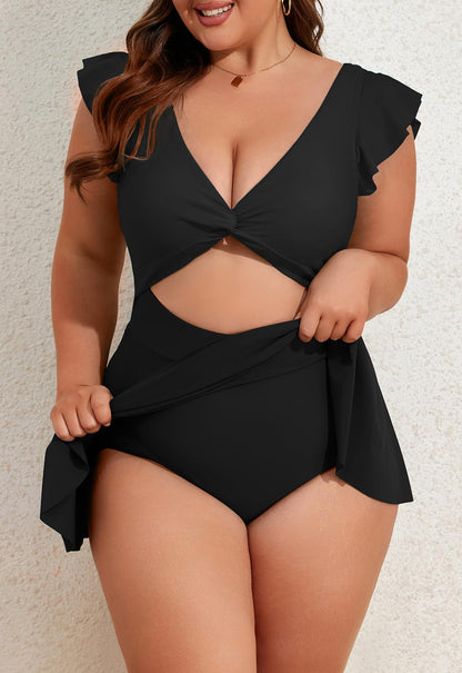 Plus Size Ruffle V Neck Cutout One Piece Swimdress
