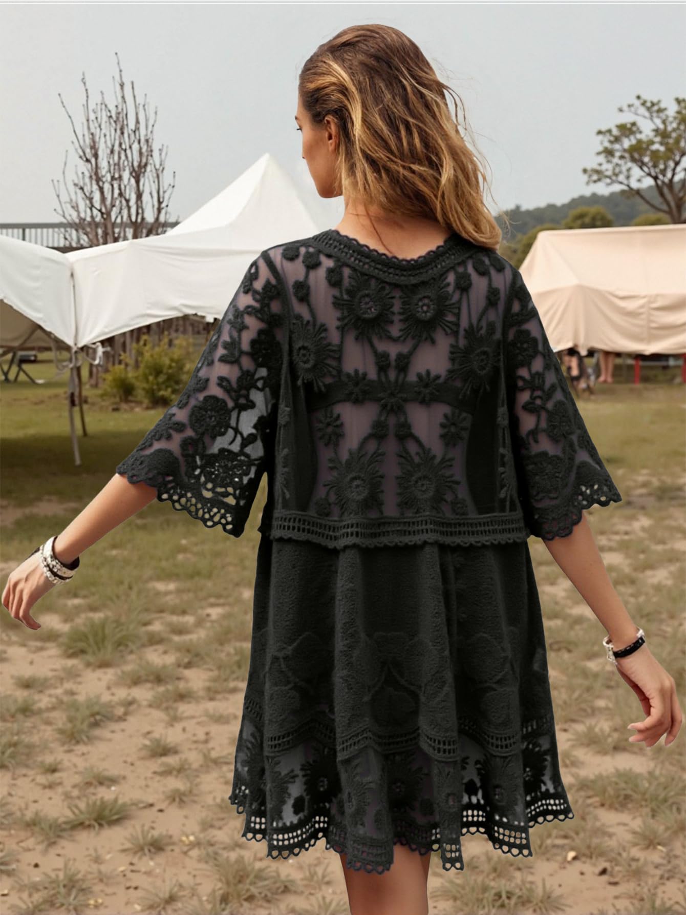 Eomenie Women's Contrast Lace Bathing Suit Cover Up V-Neck Swimsuit Coverups Loose Swimwear Beach Dress Beachwear