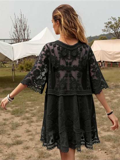 Eomenie Women's Contrast Lace Bathing Suit Cover Up V-Neck Swimsuit Coverups Loose Swimwear Beach Dress Beachwear