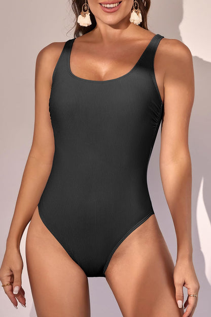 Scoop Neck Ribbed Tummy Control One Piece Swimsuits