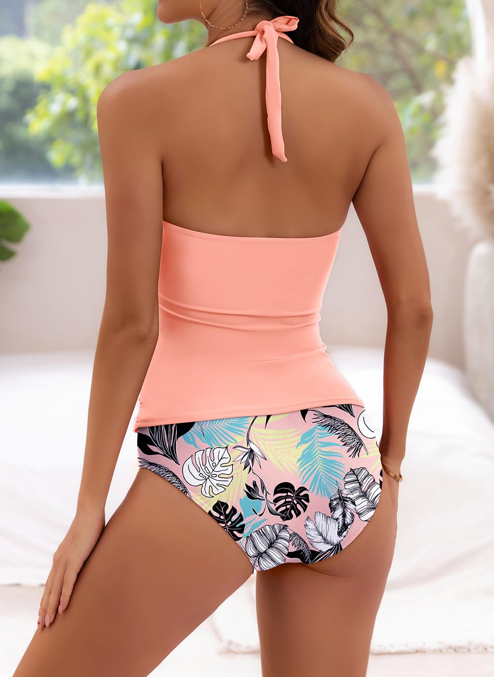 Halter V Neck Tummy Control Tankini Swimsuit for Women