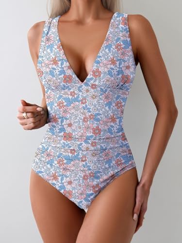 Tummy Control Wide Straps Plunge V Neck One Piece Swimsuit