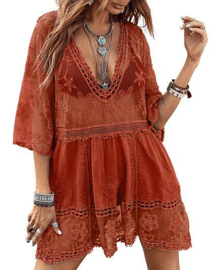 Eomenie Women's Contrast Lace Bathing Suit Cover Up V-Neck Swimsuit Coverups Loose Swimwear Beach Dress Beachwear