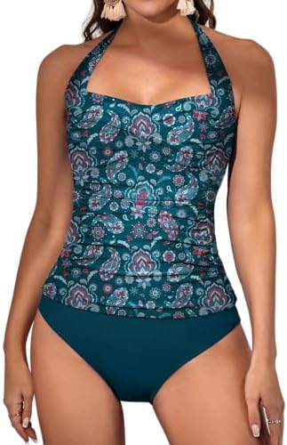 Womens Halter Ruched Tummy Control Two Piece Tankini