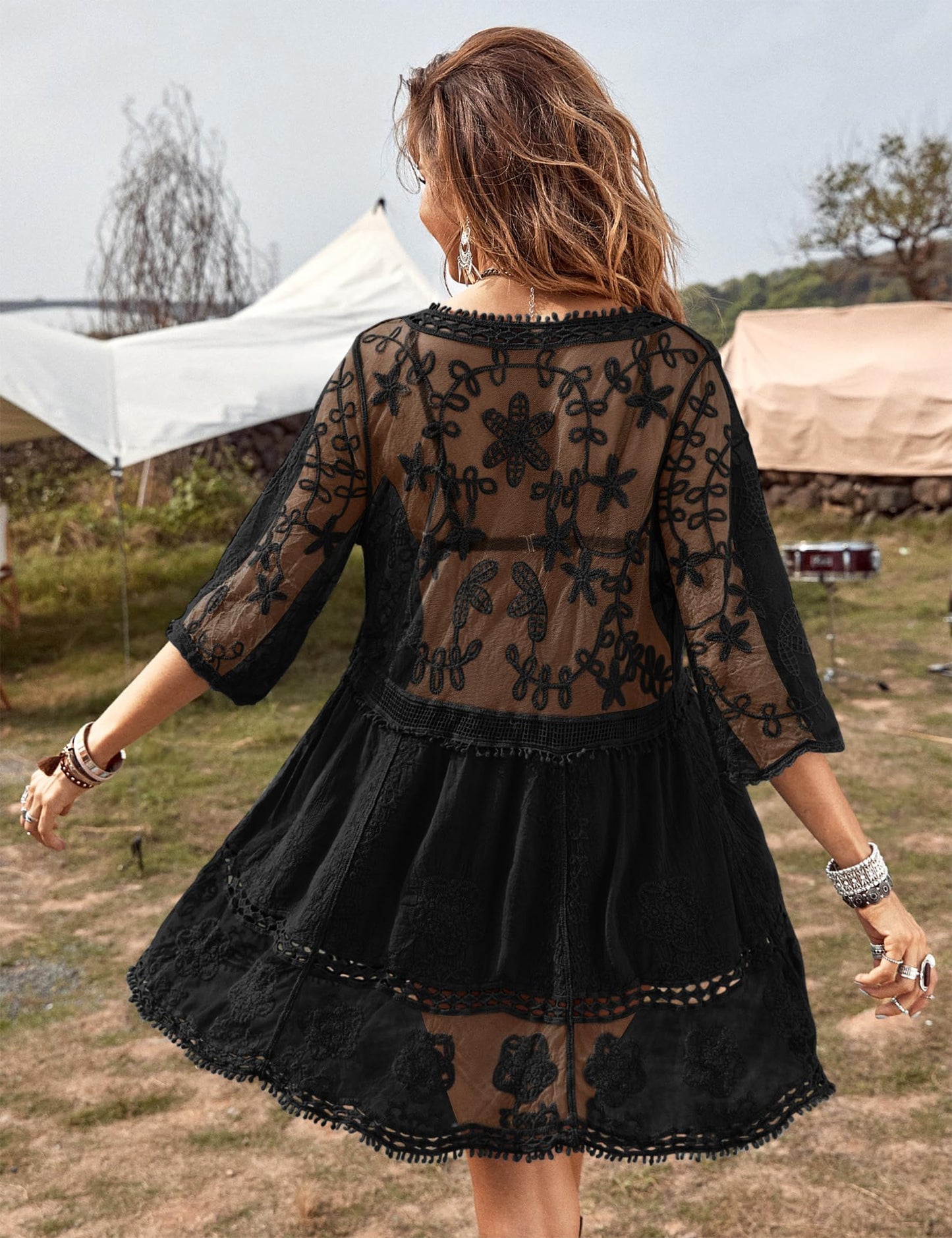 Eomenie Women's Contrast Lace Bathing Suit Cover Up V-Neck Swimsuit Coverups Loose Swimwear Beach Dress Beachwear