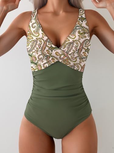 V Neck Ruched Wrap Tummy Control One Piece Swimsuit