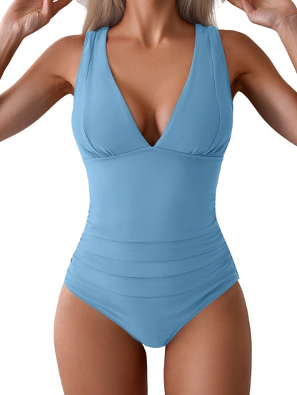 Tummy Control Wide Straps Plunge V Neck One Piece Swimsuit