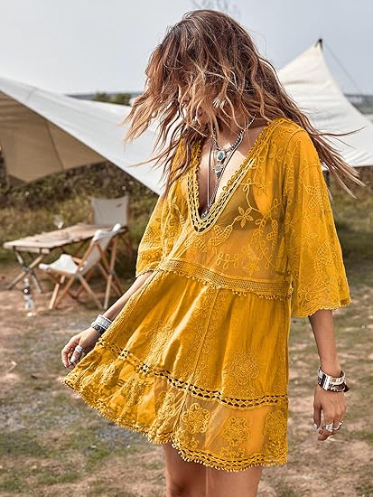 Eomenie Women's Contrast Lace Bathing Suit Cover Up V-Neck Swimsuit Coverups Loose Swimwear Beach Dress Beachwear