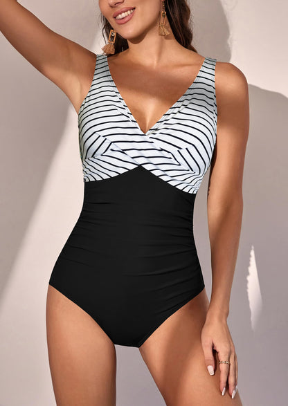 V Neck Ruched Wrap Tummy Control One Piece Swimsuit