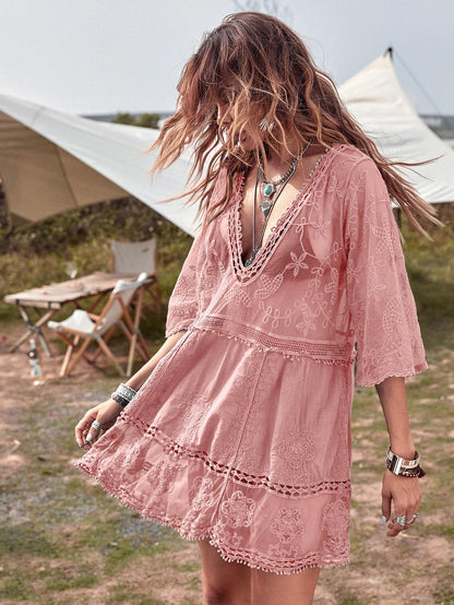 Eomenie Women's Contrast Lace Bathing Suit Cover Up V-Neck Swimsuit Coverups Loose Swimwear Beach Dress Beachwear