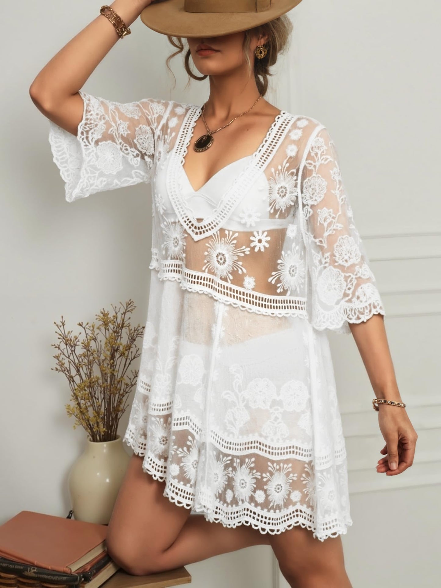 Eomenie Women's Contrast Lace Bathing Suit Cover Up V-Neck Swimsuit Coverups Loose Swimwear Beach Dress Beachwear