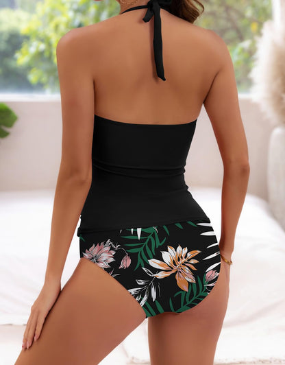 Halter V Neck Tummy Control Tankini Swimsuit for Women