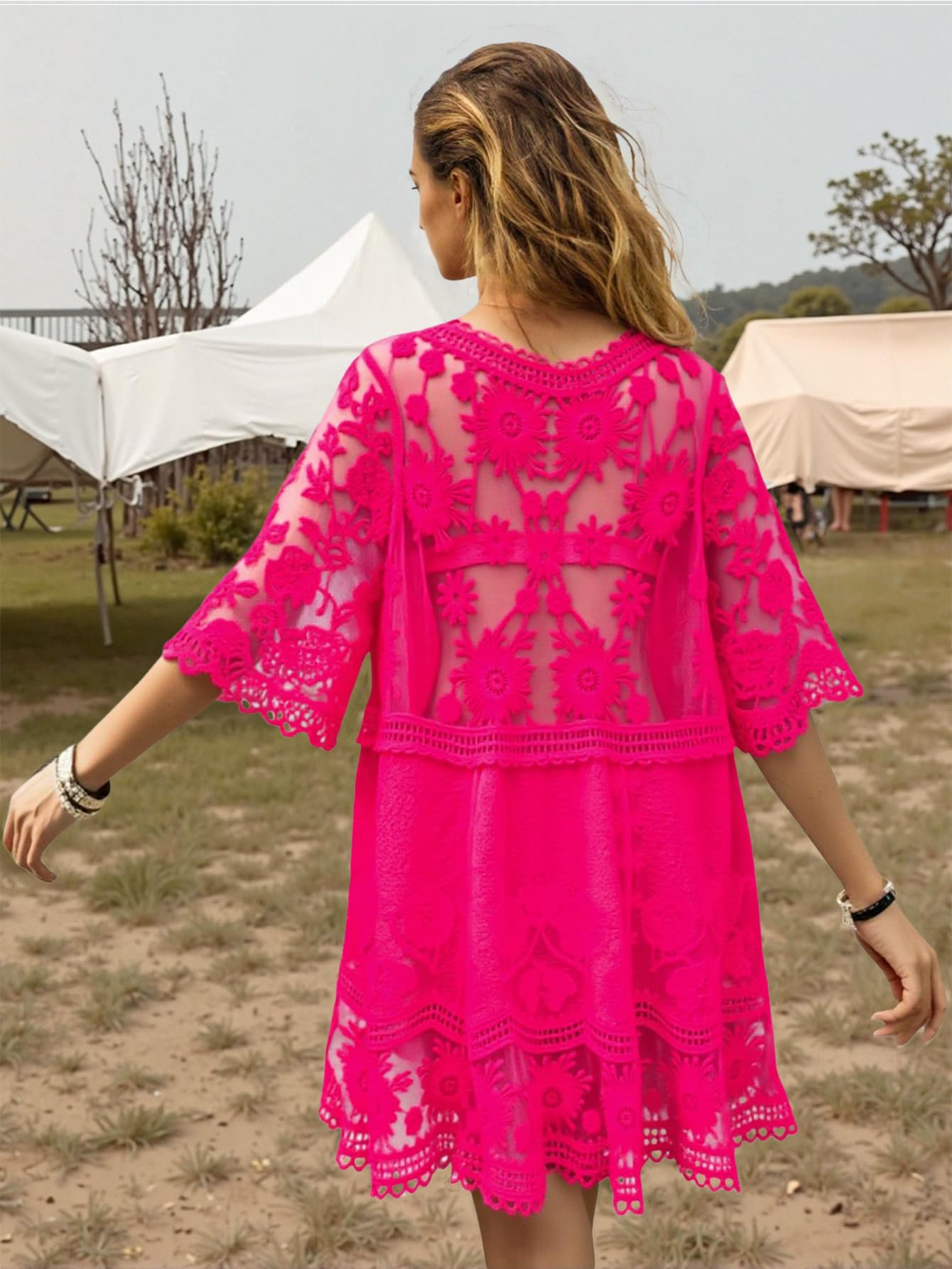 Eomenie Women's Contrast Lace Bathing Suit Cover Up V-Neck Swimsuit Coverups Loose Swimwear Beach Dress Beachwear