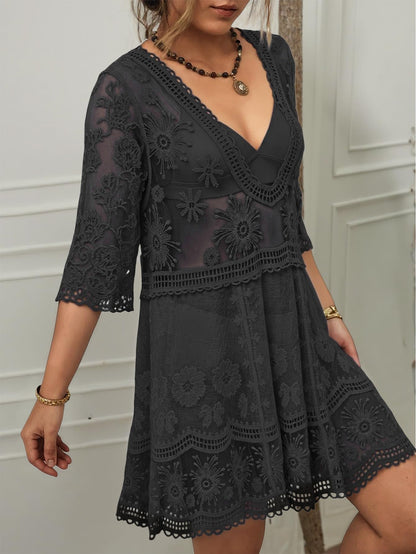Eomenie Women's Contrast Lace Bathing Suit Cover Up V-Neck Swimsuit Coverups Loose Swimwear Beach Dress Beachwear