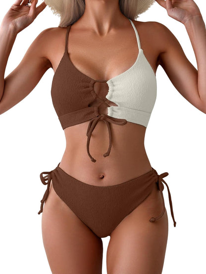 Women's Sexy Bikini Set Color Block Lace Up 2 Piece Bathing Suit Tie Side Swimsuit
