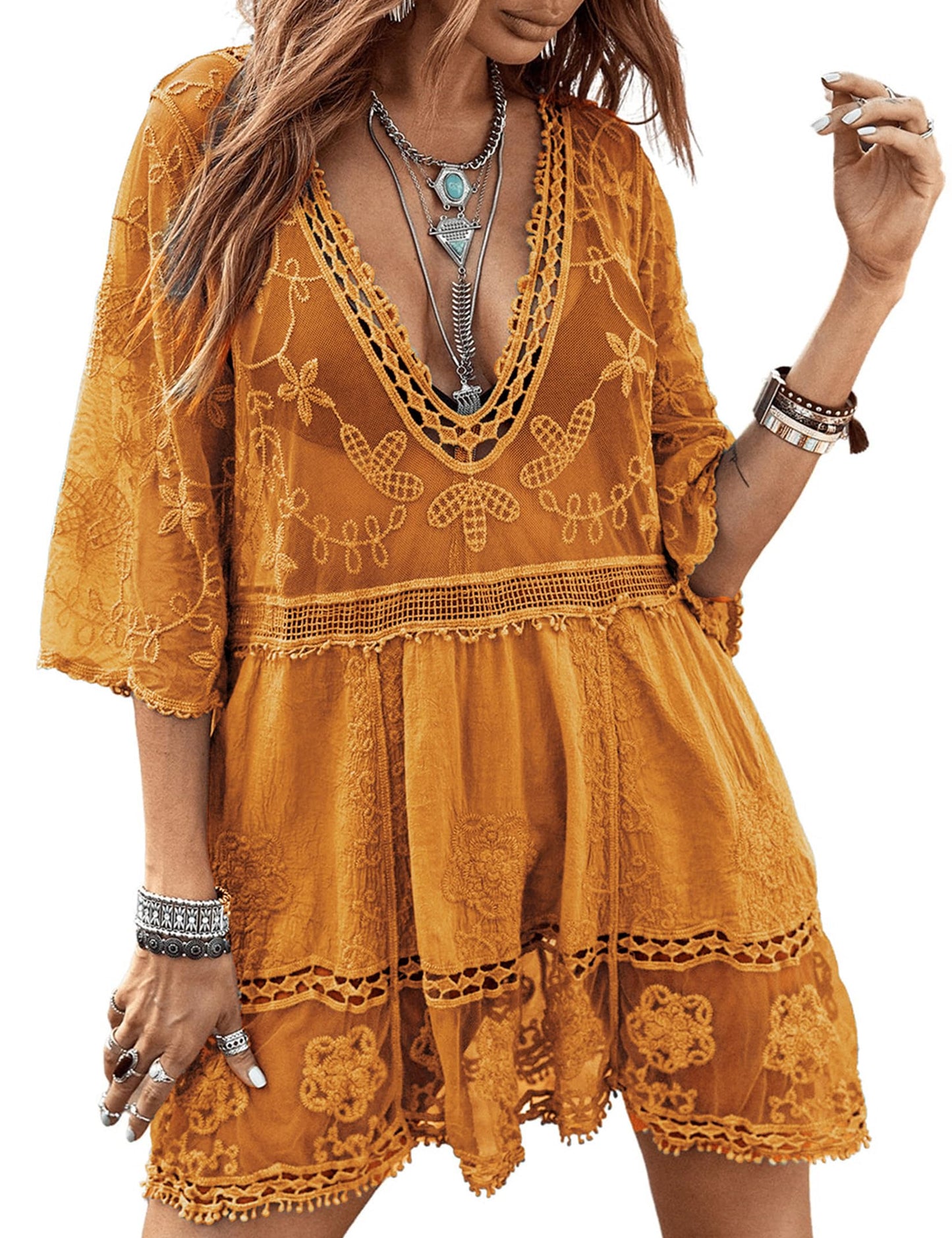 Eomenie Women's Contrast Lace Bathing Suit Cover Up V-Neck Swimsuit Coverups Loose Swimwear Beach Dress Beachwear