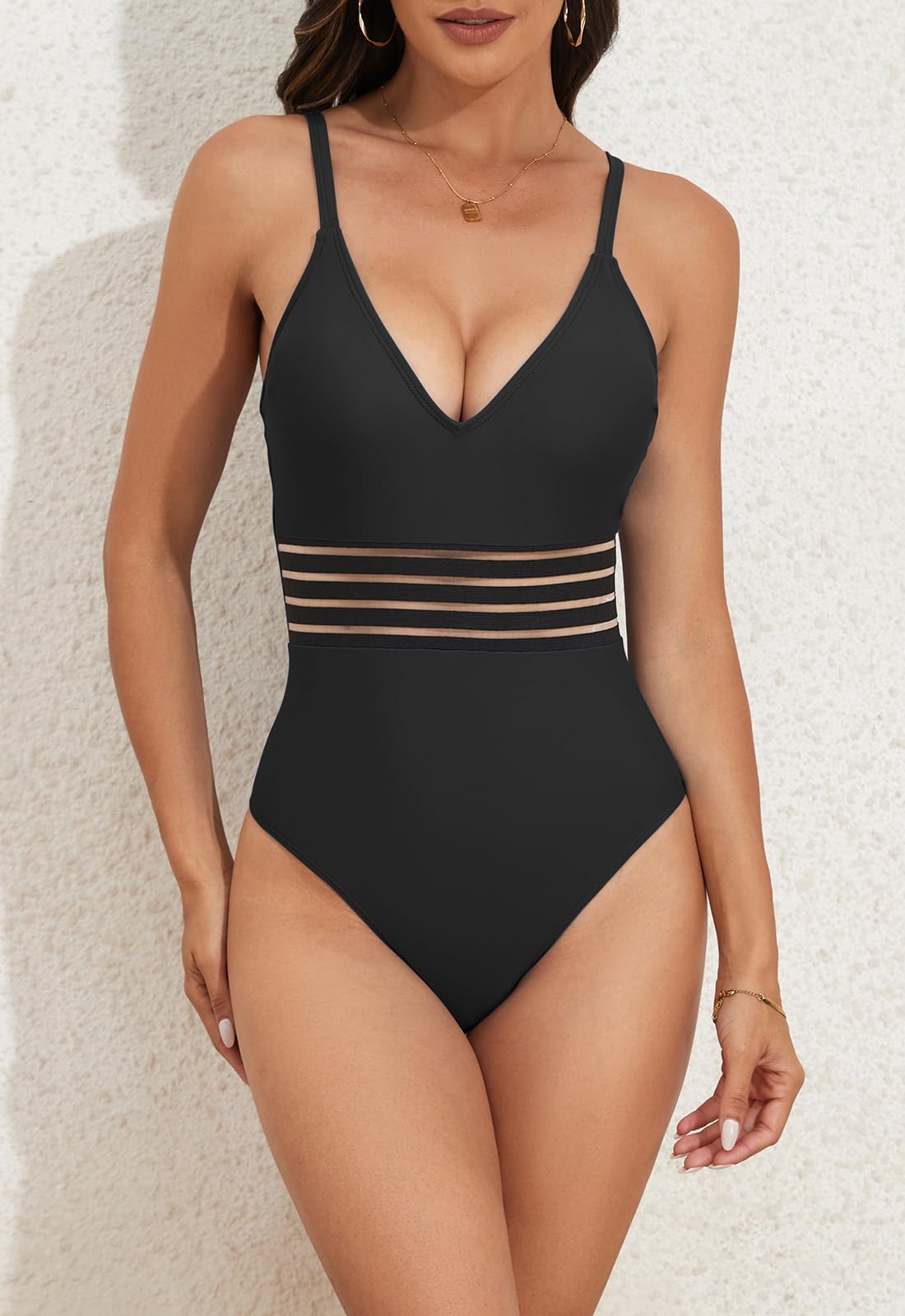 V Neck Tummy Control Mesh One Piece Swimsuit