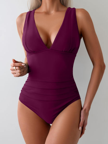 Tummy Control Wide Straps Plunge V Neck One Piece Swimsuit