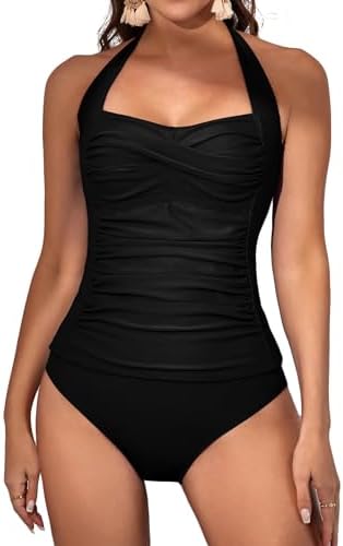 Womens Halter Ruched Tummy Control Two Piece Tankini