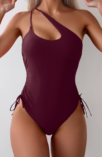 One Shoulder High Cut Tie Side Drawstring Swimsuits