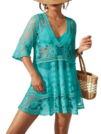 Eomenie Women's Contrast Lace Bathing Suit Cover Up V-Neck Swimsuit Coverups Loose Swimwear Beach Dress Beachwear