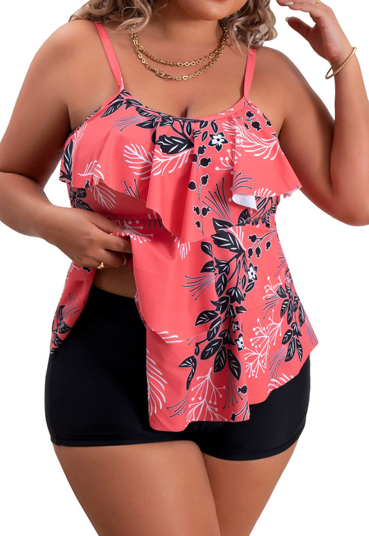 Plus Size Ruffled Flounce Tummy Control Tankini Swimsuits