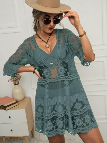 Eomenie Women's Contrast Lace Bathing Suit Cover Up V-Neck Swimsuit Coverups Loose Swimwear Beach Dress Beachwear