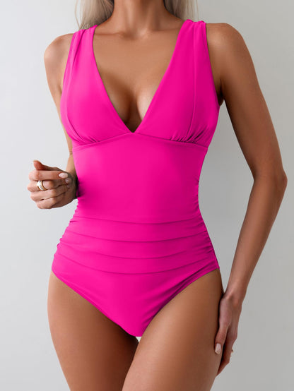 Tummy Control Wide Straps Plunge V Neck One Piece Swimsuit