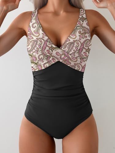 V Neck Ruched Wrap Tummy Control One Piece Swimsuit