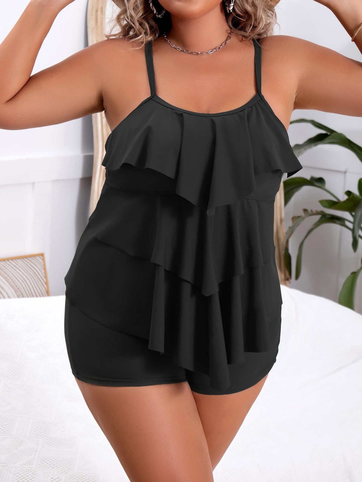 Plus Size Ruffled Flounce Tummy Control Tankini Swimsuits