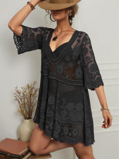 Eomenie Women's Contrast Lace Bathing Suit Cover Up V-Neck Swimsuit Coverups Loose Swimwear Beach Dress Beachwear
