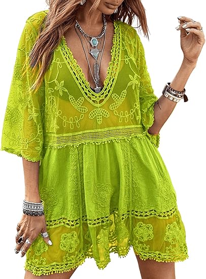 Eomenie Women's Contrast Lace Bathing Suit Cover Up V-Neck Swimsuit Coverups Loose Swimwear Beach Dress Beachwear