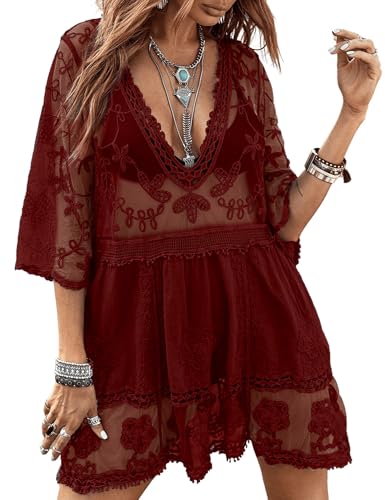 Eomenie Women's Contrast Lace Bathing Suit Cover Up V-Neck Swimsuit Coverups Loose Swimwear Beach Dress Beachwear