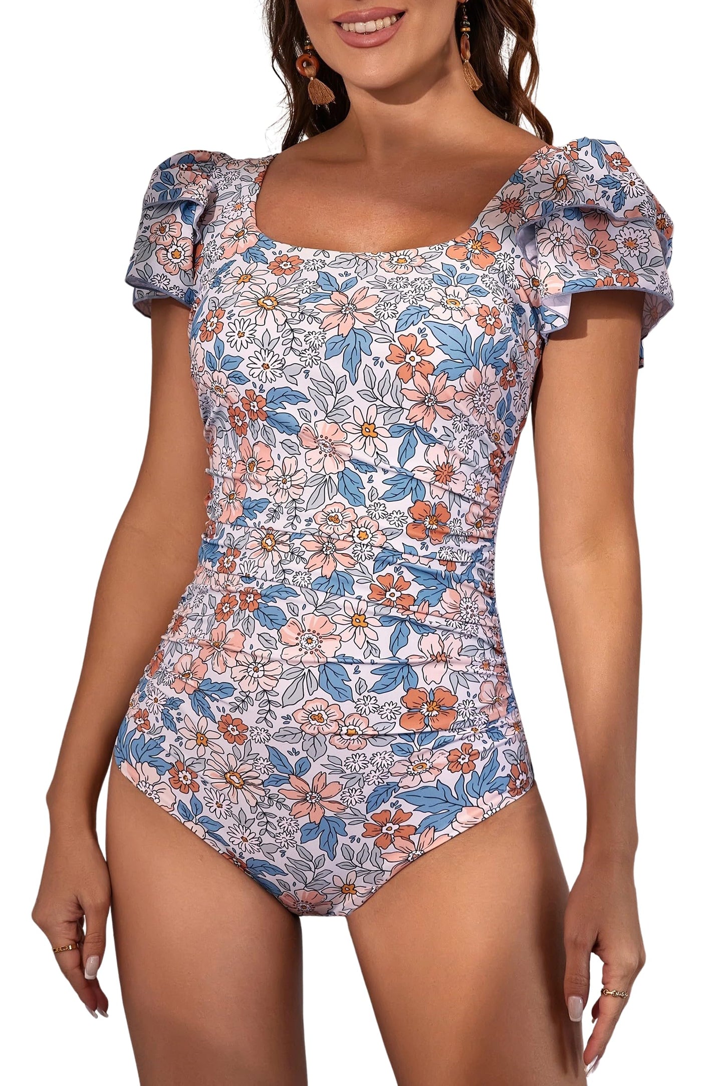 Ruffle Square Neck Tummy Control One Piece Swimsuit