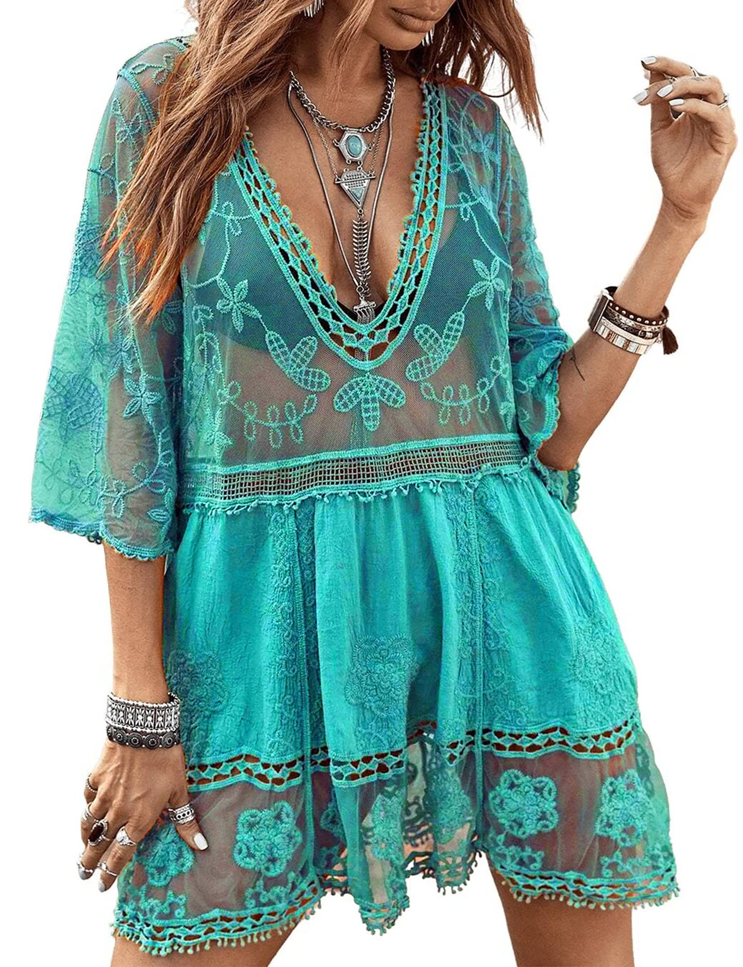 Eomenie Women's Contrast Lace Bathing Suit Cover Up V-Neck Swimsuit Coverups Loose Swimwear Beach Dress Beachwear