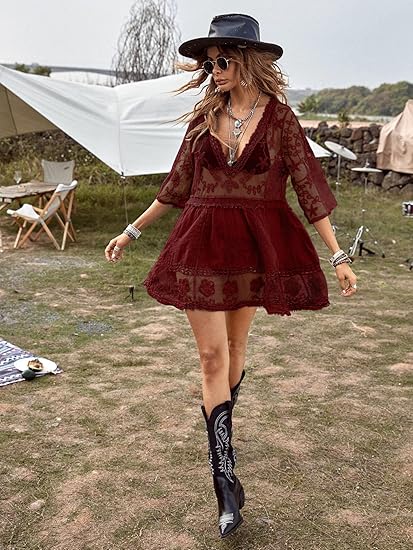 Eomenie Women's Contrast Lace Bathing Suit Cover Up V-Neck Swimsuit Coverups Loose Swimwear Beach Dress Beachwear