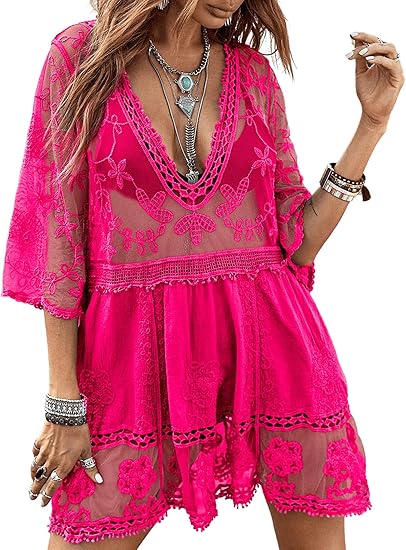 Eomenie Women's Contrast Lace Bathing Suit Cover Up V-Neck Swimsuit Coverups Loose Swimwear Beach Dress Beachwear