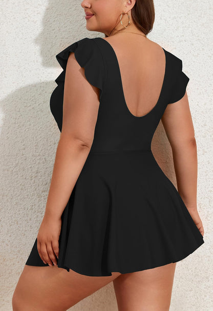 Plus Size Ruffle V Neck Cutout One Piece Swimdress