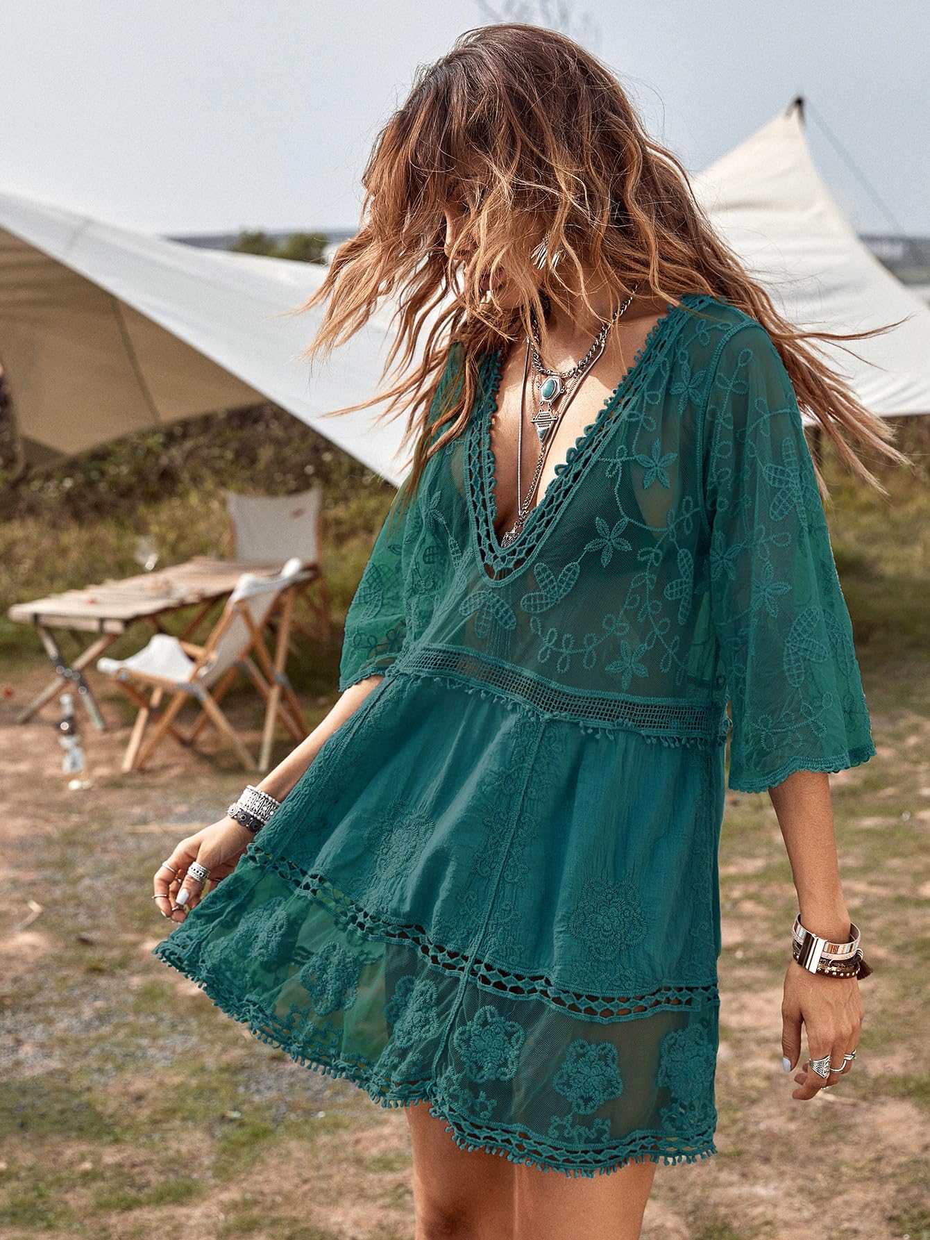 Eomenie Women's Contrast Lace Bathing Suit Cover Up V-Neck Swimsuit Coverups Loose Swimwear Beach Dress Beachwear