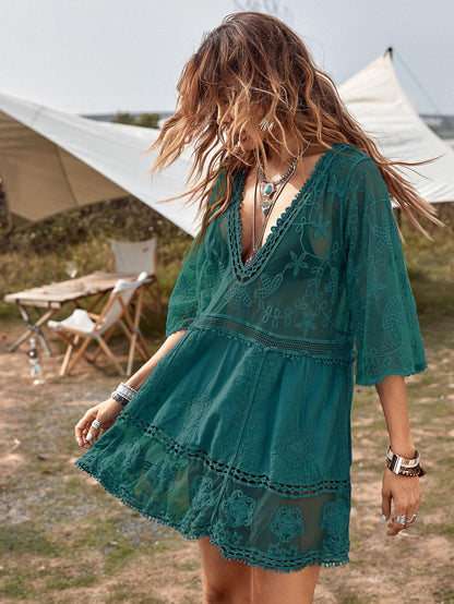 Eomenie Women's Contrast Lace Bathing Suit Cover Up V-Neck Swimsuit Coverups Loose Swimwear Beach Dress Beachwear